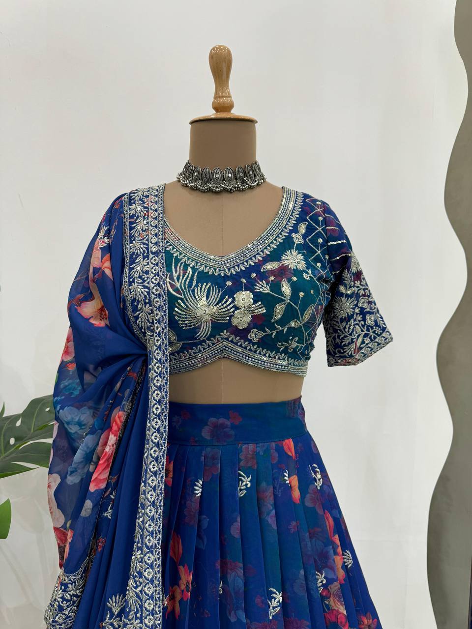 Wedding Wear Blue Color Georgette Print & Sequence Work Lehenga Choli