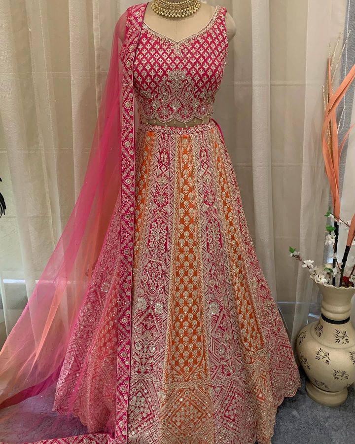 Wedding Wear Georgette Pink Orange Lehenga Choli