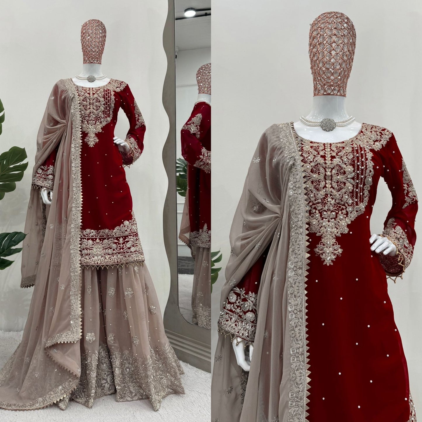 Faux Georgette Maroon Colour Heavy Embroidary And Sequence Worked Wedding Wear Sharara Suit Collection