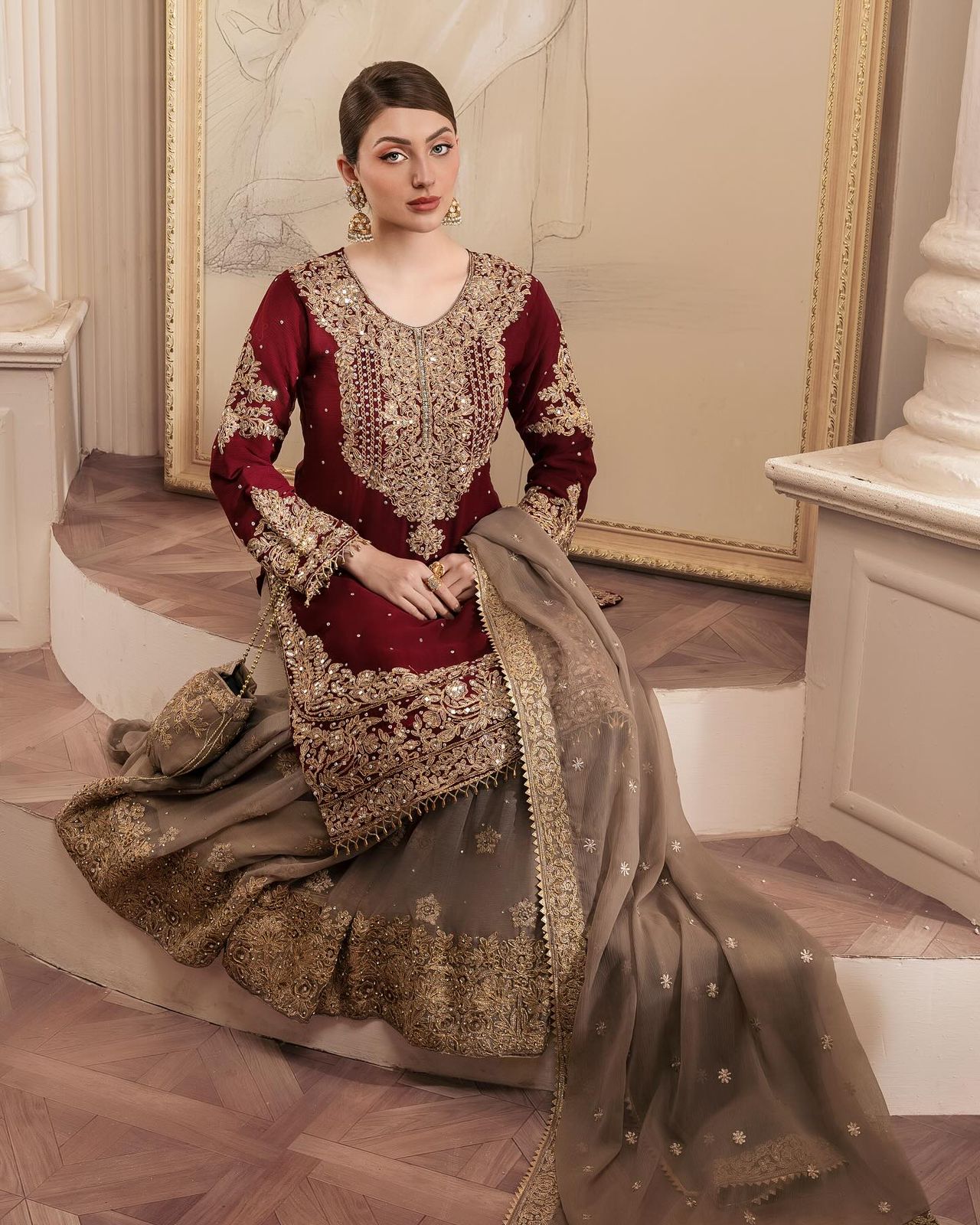 Faux Georgette Maroon Colour Heavy Embroidary And Sequence Worked Wedding Wear Sharara Suit Collection