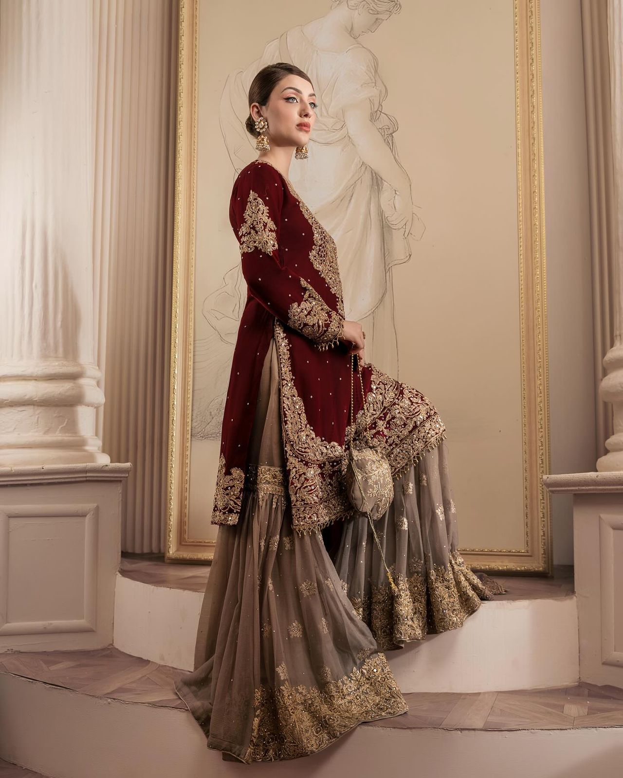 Faux Georgette Maroon Colour Heavy Embroidary And Sequence Worked Wedding Wear Sharara Suit Collection