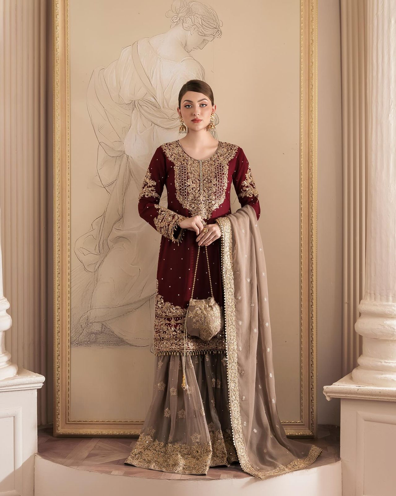 Faux Georgette Maroon Colour Heavy Embroidary And Sequence Worked Wedding Wear Sharara Suit Collection