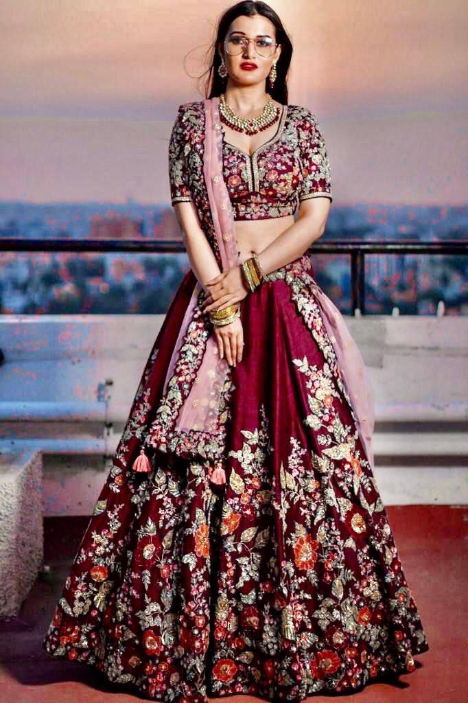 Maroon Silk Embroidered Lehenga Choli