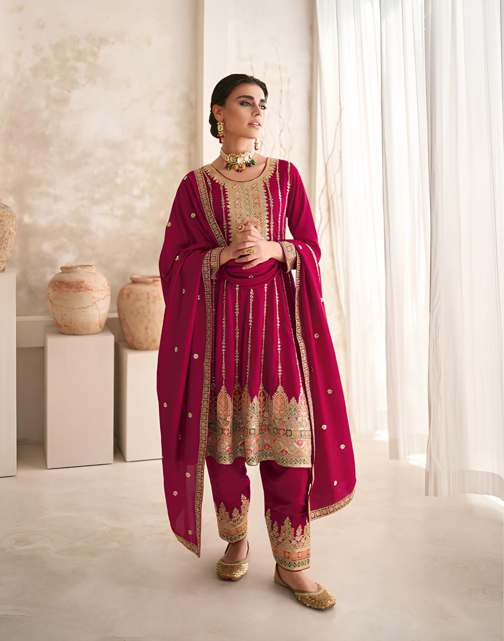 Party Wear Maroon Silk Full Stitched Suit