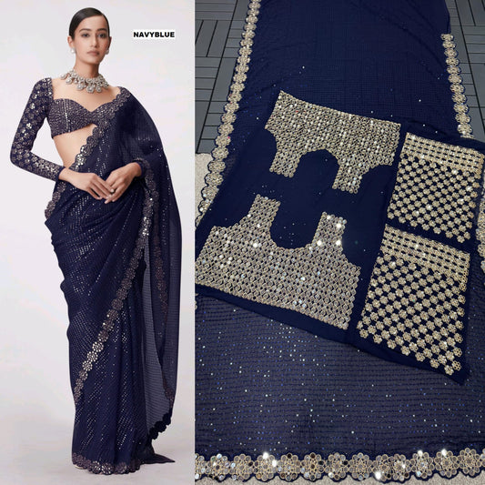 Navy Blue Color Real Mirror Work Georgette Saree Blouse