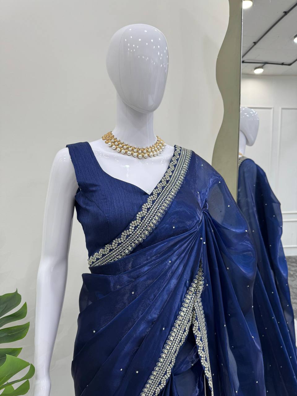 Navy Blue Color Organza Silk Sequence Work Saree Blouse