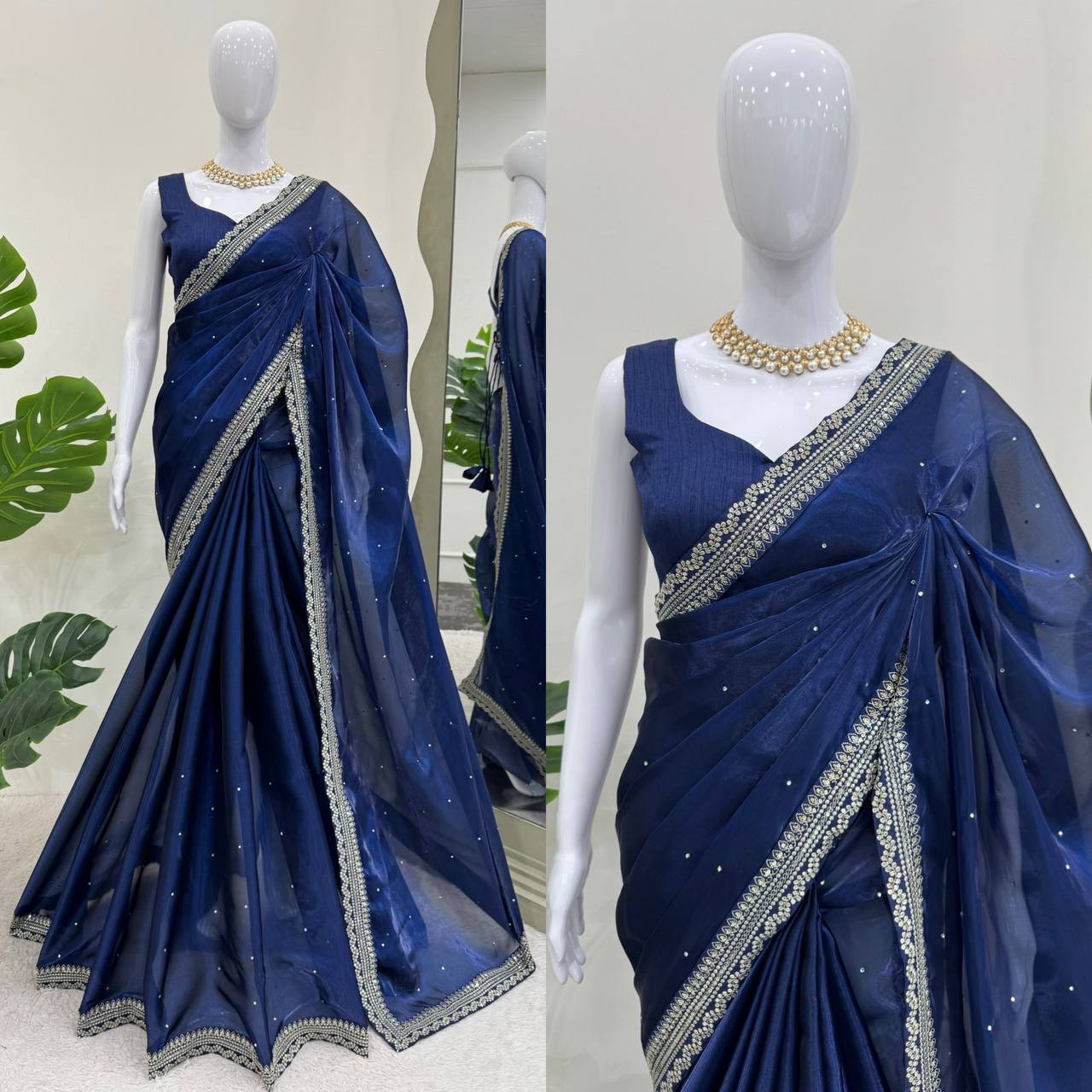 Navy Blue Color Organza Silk Sequence Work Saree Blouse