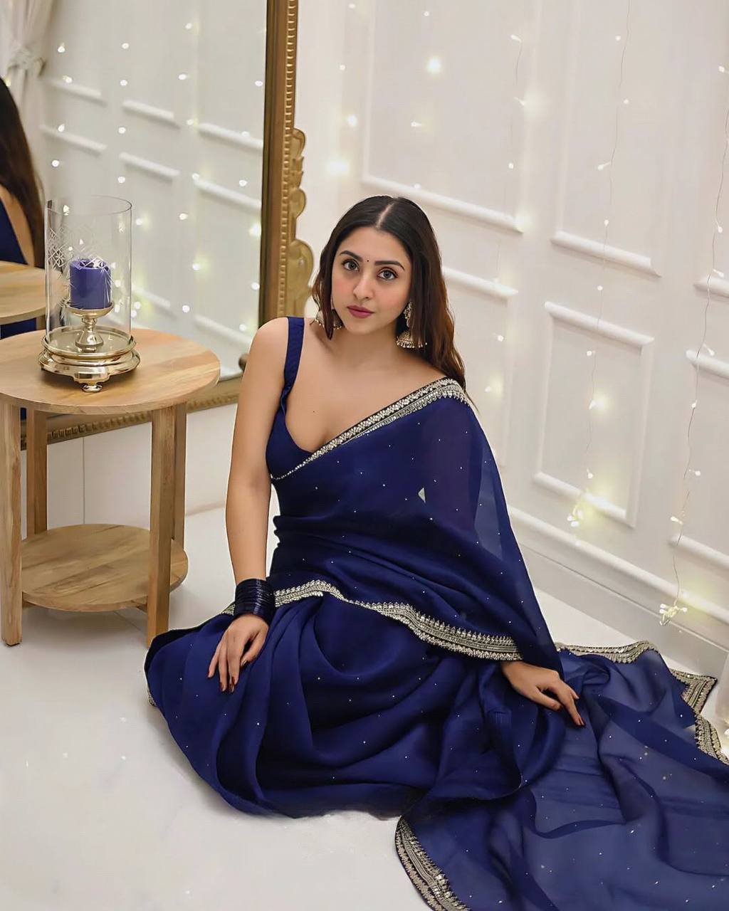 Navy Blue Color Organza Silk Sequence Work Saree Blouse