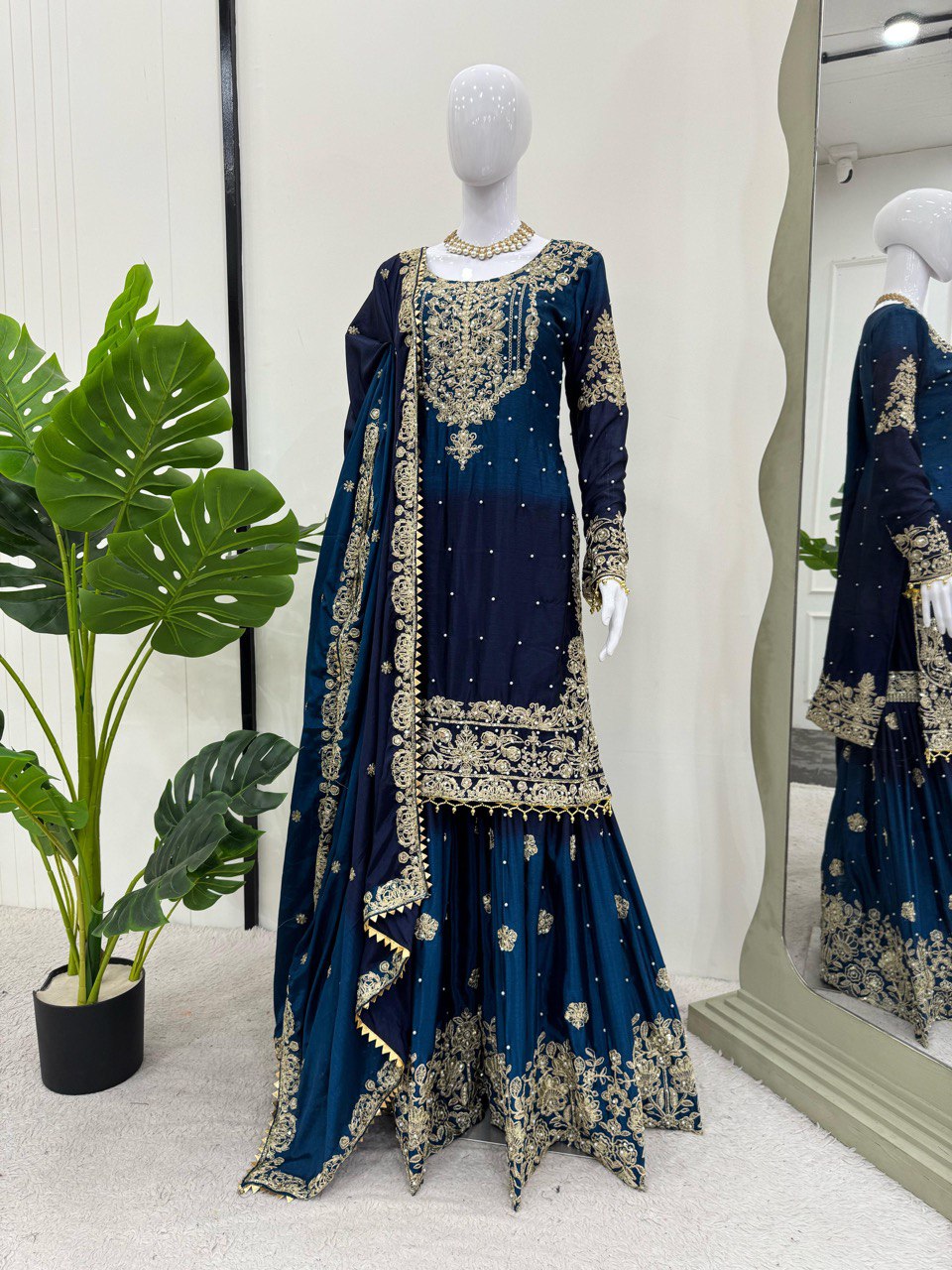 Wedding Wear Navy Blue Shaded Silk Stitched Sharara Suit