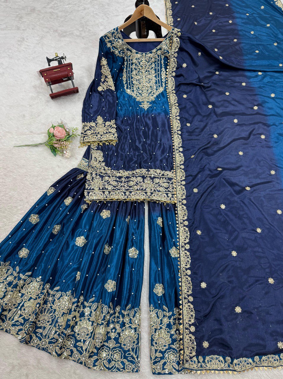 Wedding Wear Navy Blue Shaded Silk Stitched Sharara Suit