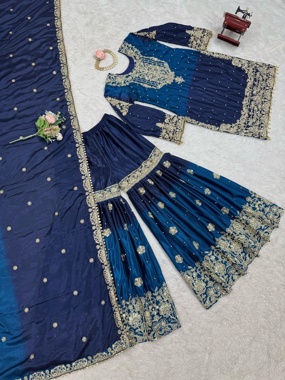 Wedding Wear Navy Blue Shaded Silk Stitched Sharara Suit