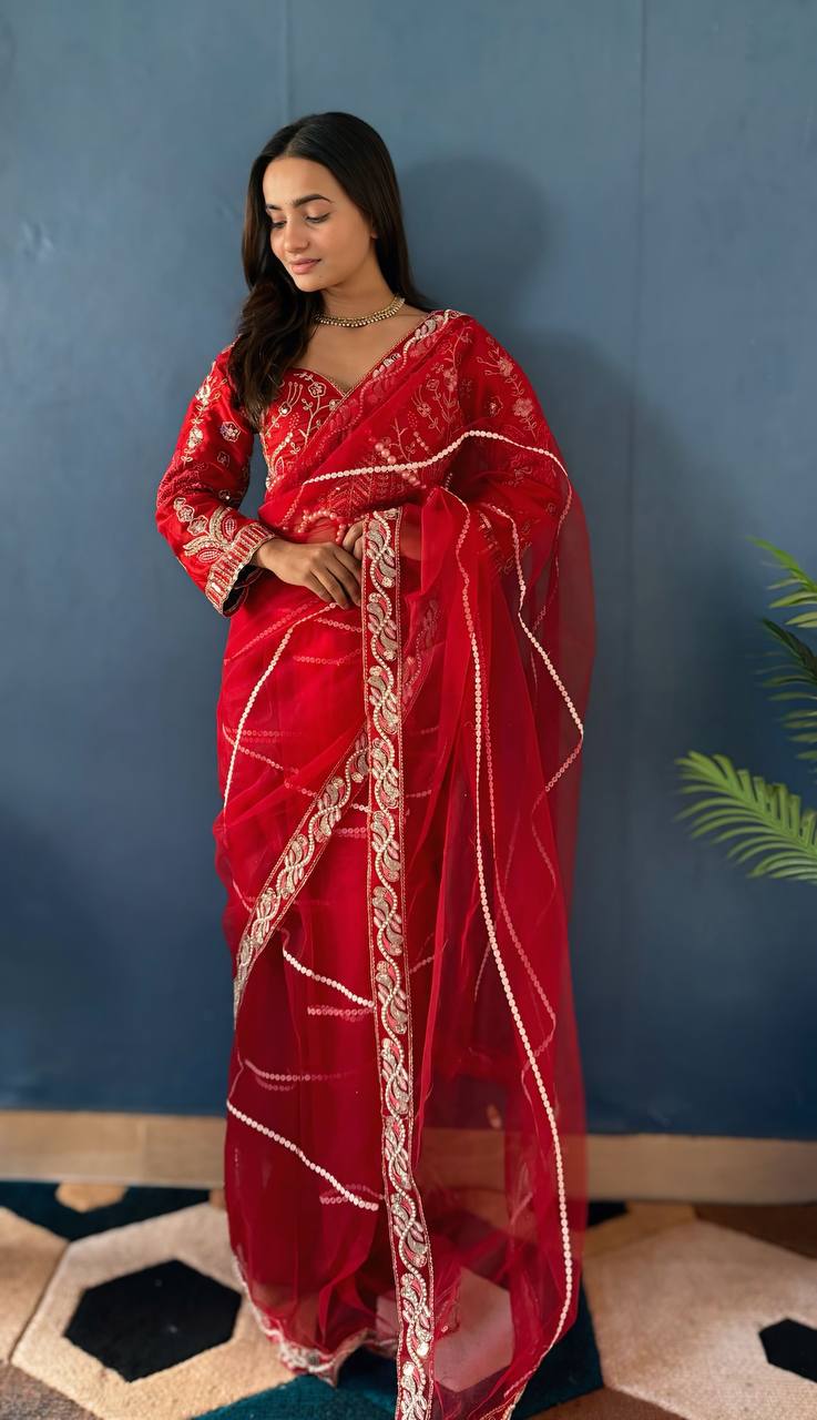 Wedding Wear Soft Net Saree With Heavy Pearl Work Blouse