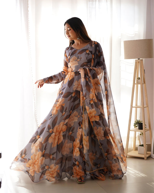 Unique Style Tubby Silk Printed Full Stitched Anarkali Gown