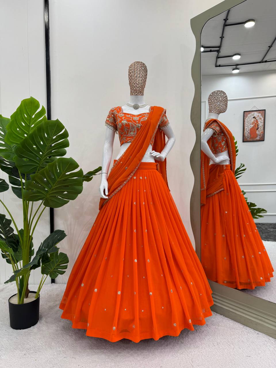 Orange Color Georgette Lehenga Saree