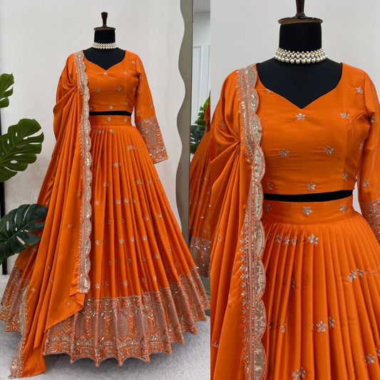 Orange Color Satin Silk Unique Designer Lehenga Choli