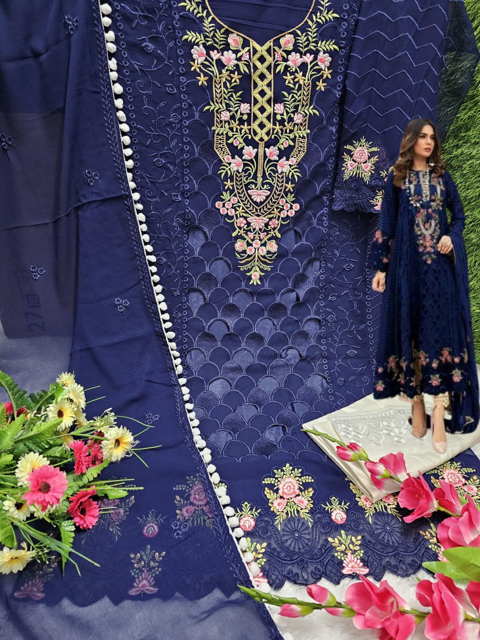 Blue Color Straight Cut Semi Stitched Embroidered Salwar Suit