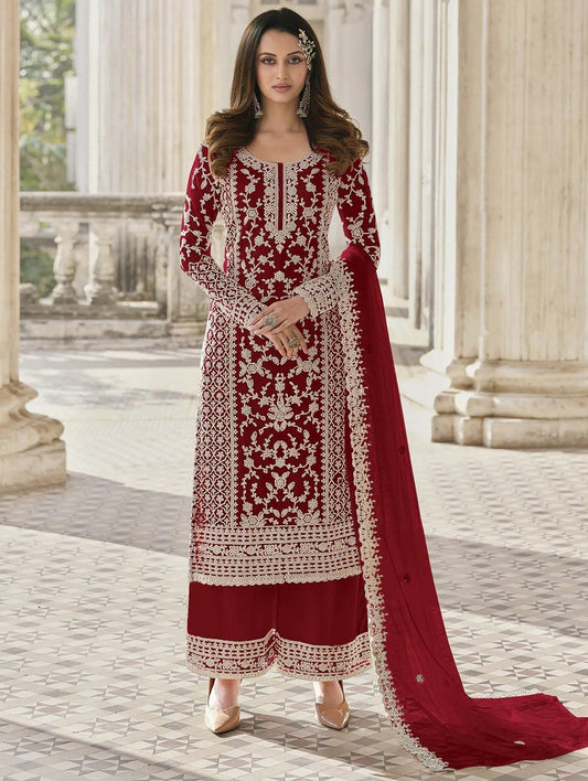 Maroon Color Soft Net Semi Stitched Salwar Suit