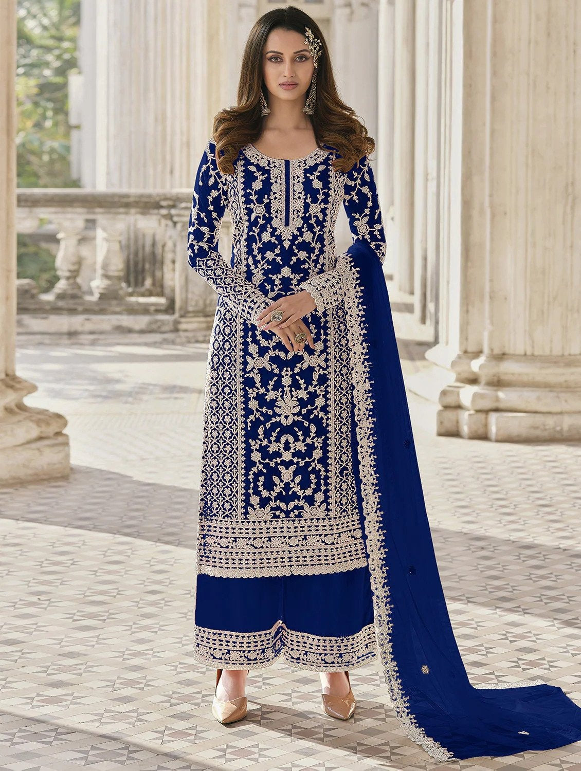 Blue Color Soft Net Semi Stitched Salwar Suit