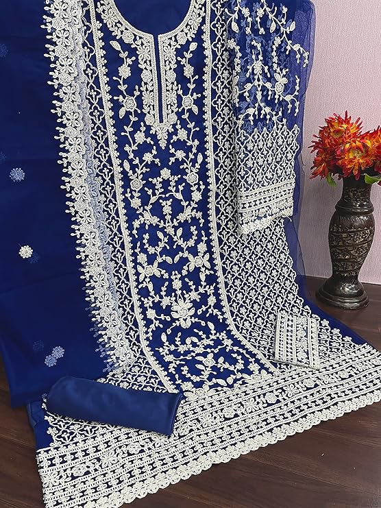 Blue Color Soft Net Semi Stitched Salwar Suit