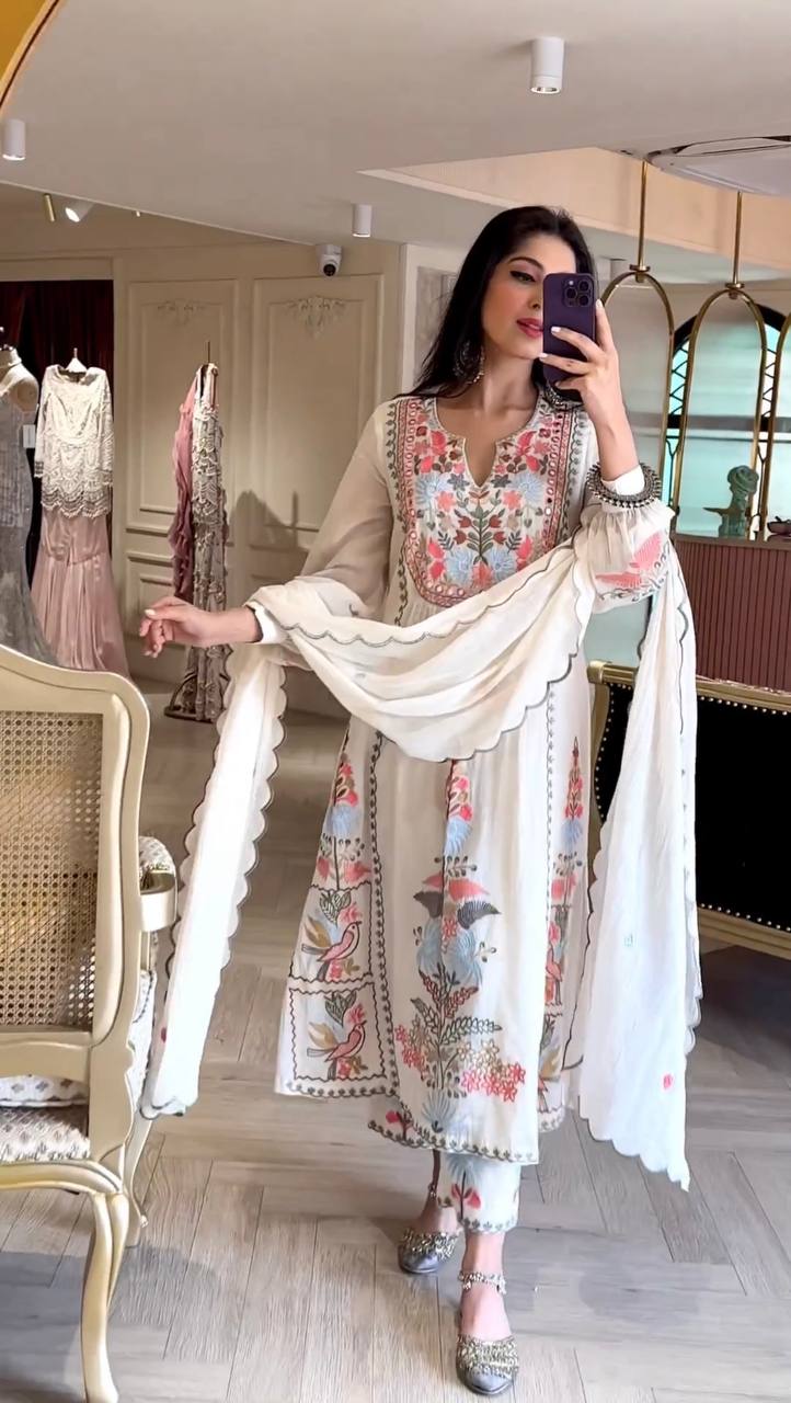 Beautiful Ivory Color Georgette Full Stitched Rayon Thread Work Suit