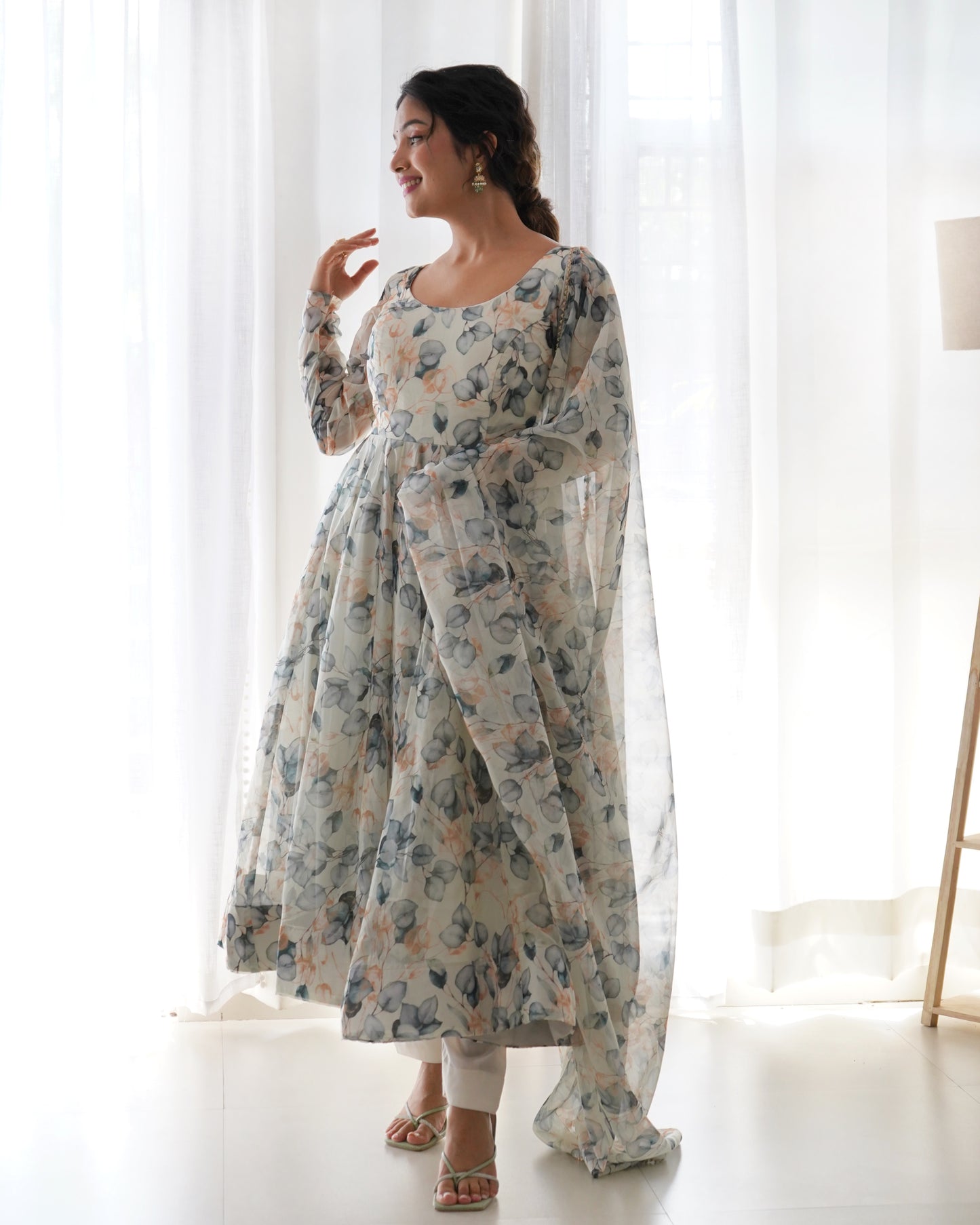 Amazing Readymade Organza Silk Floral Print Anarkali Gown Set