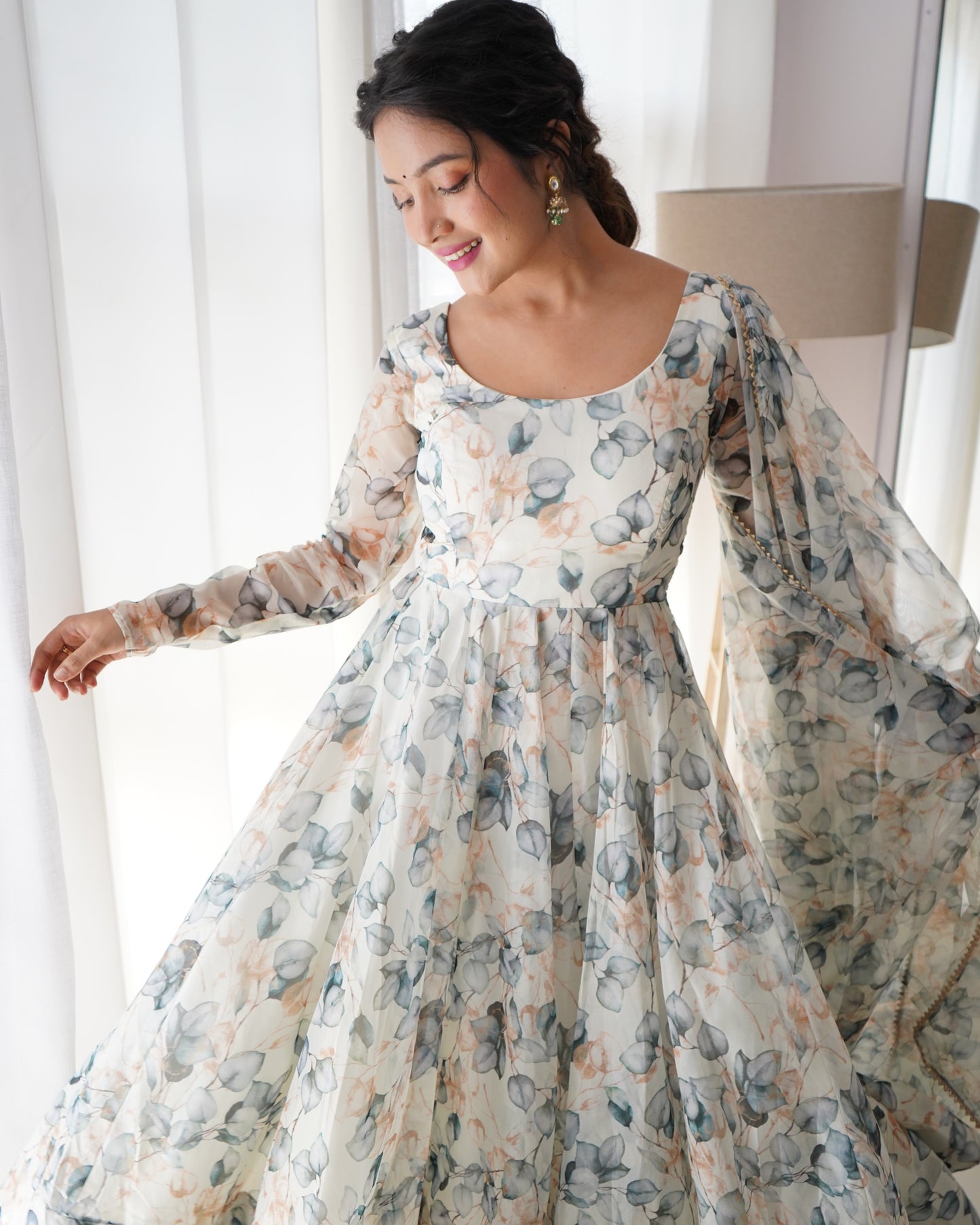 Amazing Readymade Organza Silk Floral Print Anarkali Gown Set