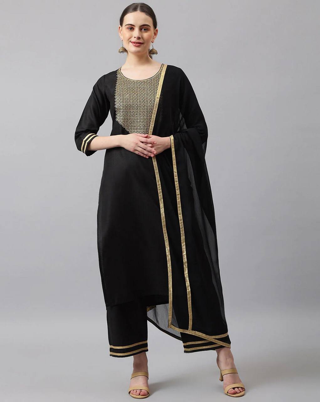 Black Slub Cotton Full Stitched Kurta Set For Girls