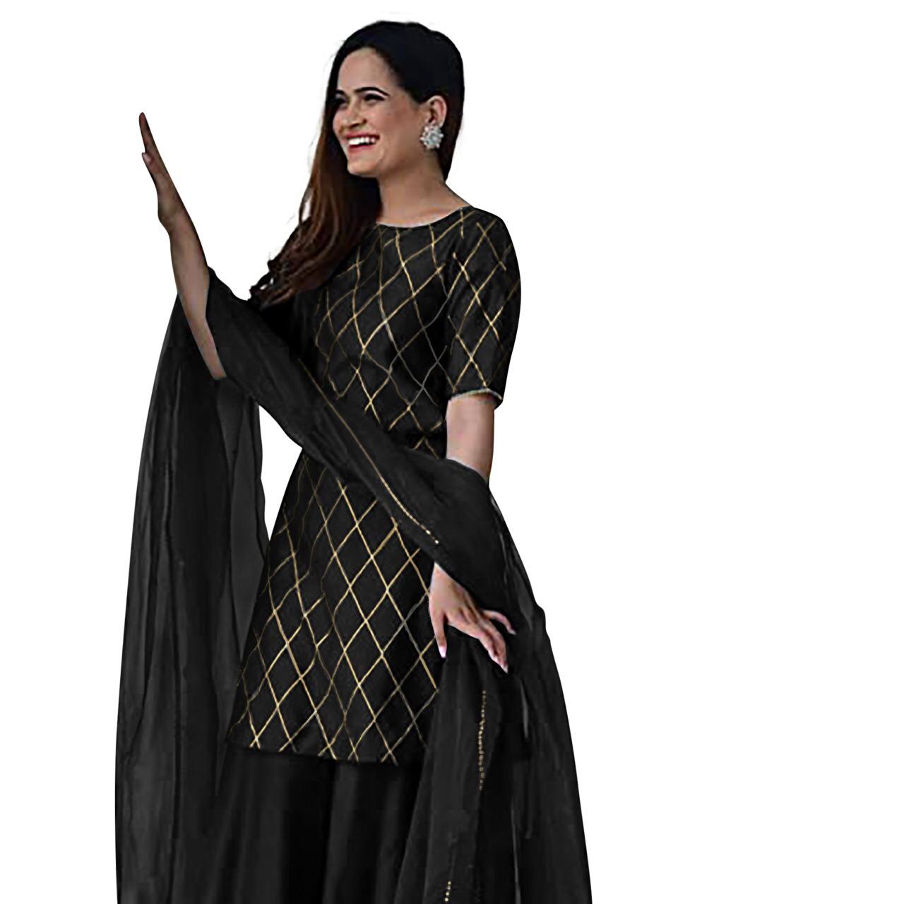 Black Rayon Fully Stitched Sharara Set  With Dupatta