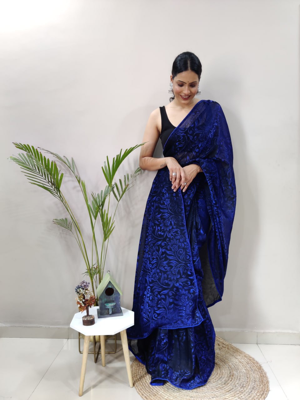 Beautiful Navy Blue Color Heavy Knitting Fabric Saree Blouse