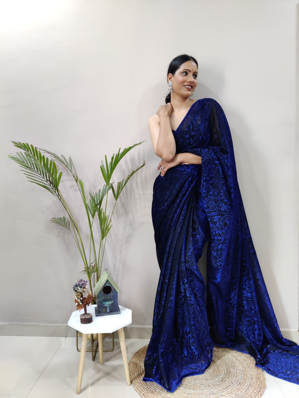 Beautiful Navy Blue Color Heavy Knitting Fabric Saree Blouse