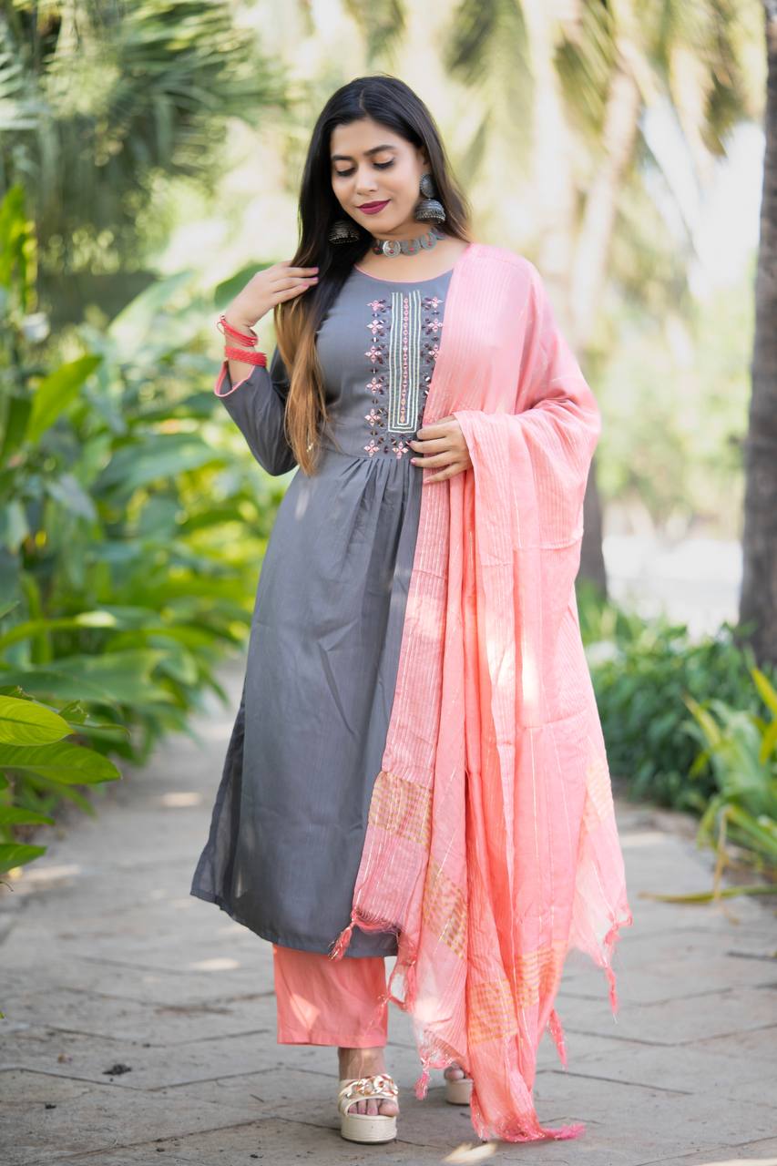 Grey Pink Combination Slub Rayon Full Stitched Set With Real Mirror Work  in All Size
