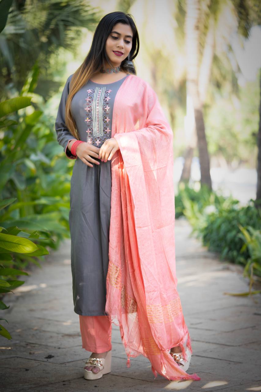 Grey Pink Combination Slub Rayon Full Stitched Set With Real Mirror Work  in All Size