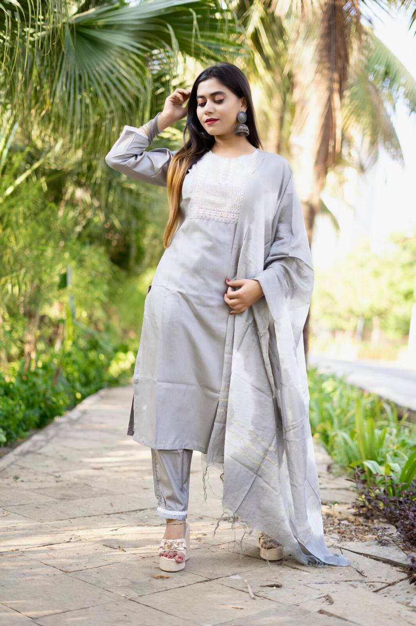 Grey South Silk Ready To Wear Ethnic Set With Dupatta in All Size
