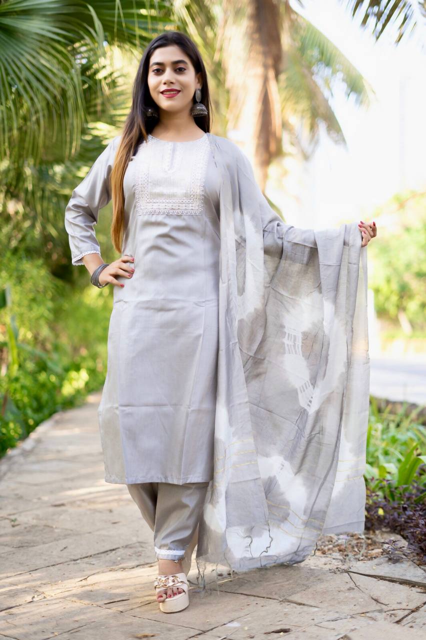 Grey South Silk Ready To Wear Ethnic Set With Dupatta in All Size