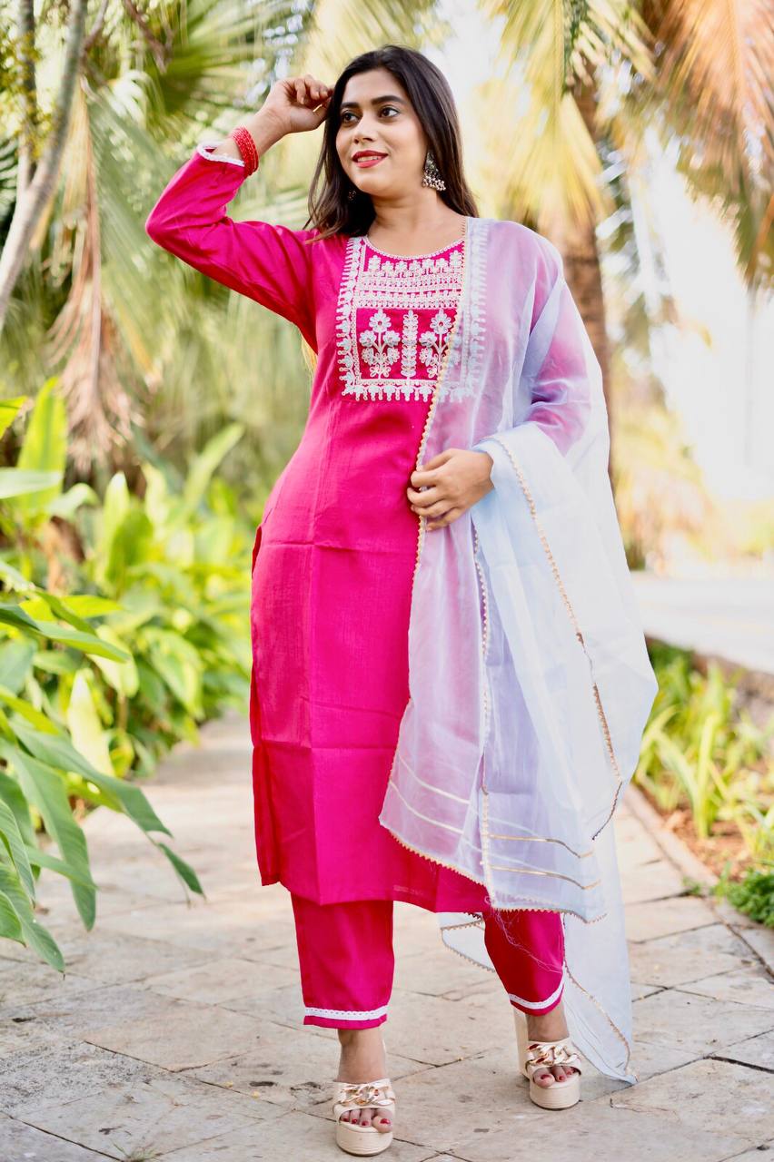 Pink South Silk Fully Stitched Ethnic Set With Dupatta