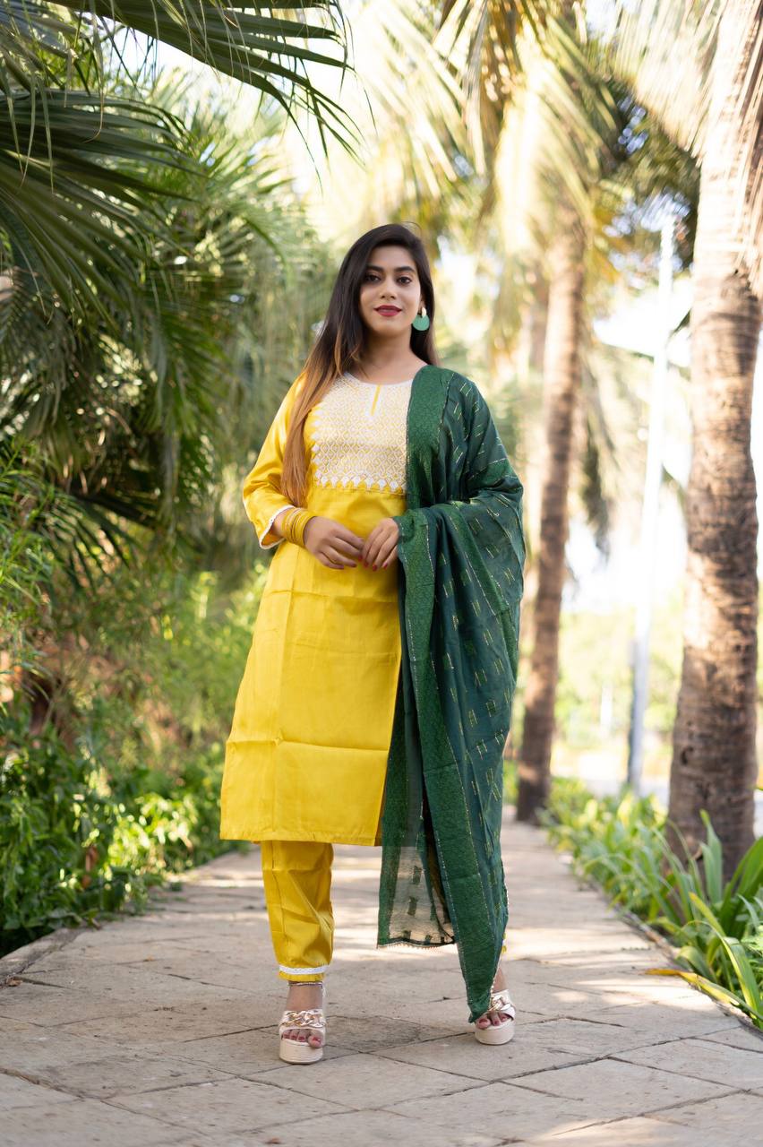 Yellow South Silk Fully Stitched Ethnic Set With Dupatta