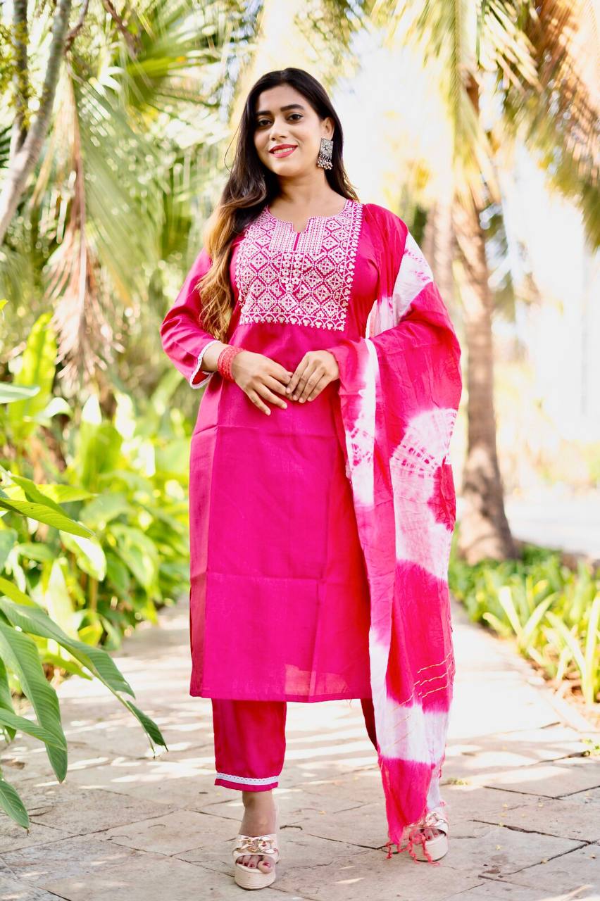 Pink South Silk Fully Stitched Ethnic Set With Dupatta