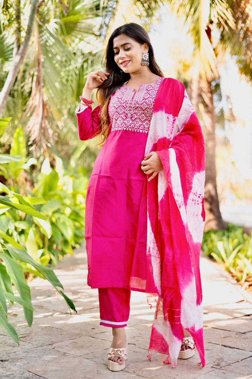 Pink South Silk Fully Stitched Ethnic Set With Dupatta