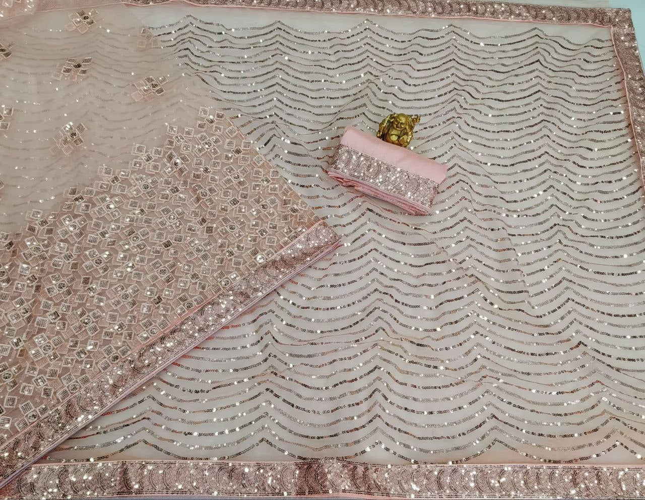 Light Colour Net Sequence And Embroidary Work Designer Saree With Worked Blouse