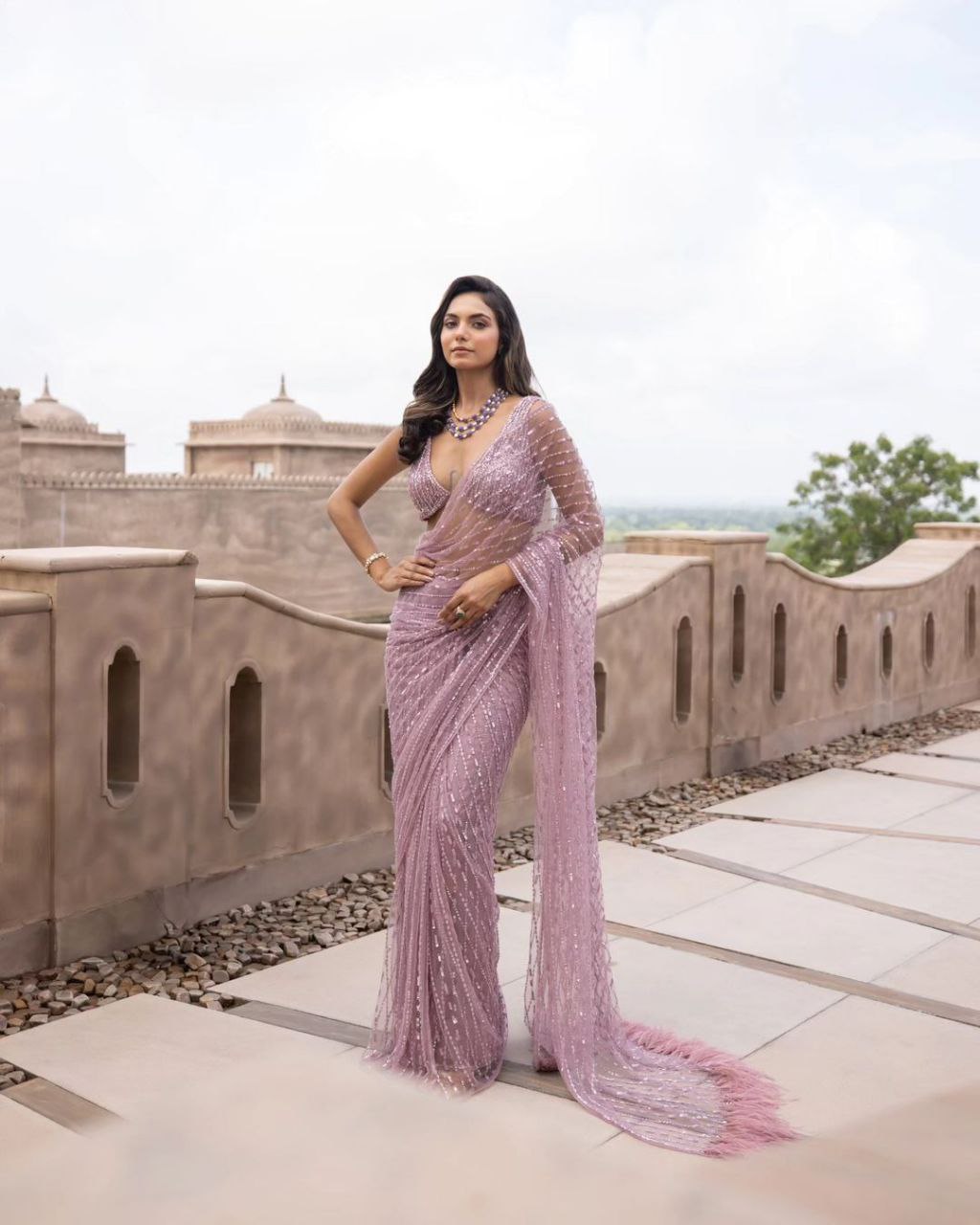 Onion Color Soft Net Sequence Pattern Saree with Blouse Work