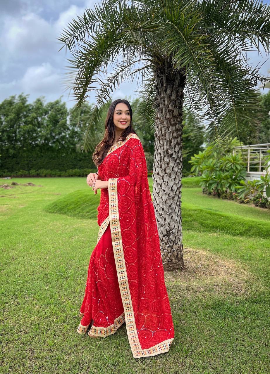 Red Color Heavy Embroidered Work Designer Saree For Wedding Wear