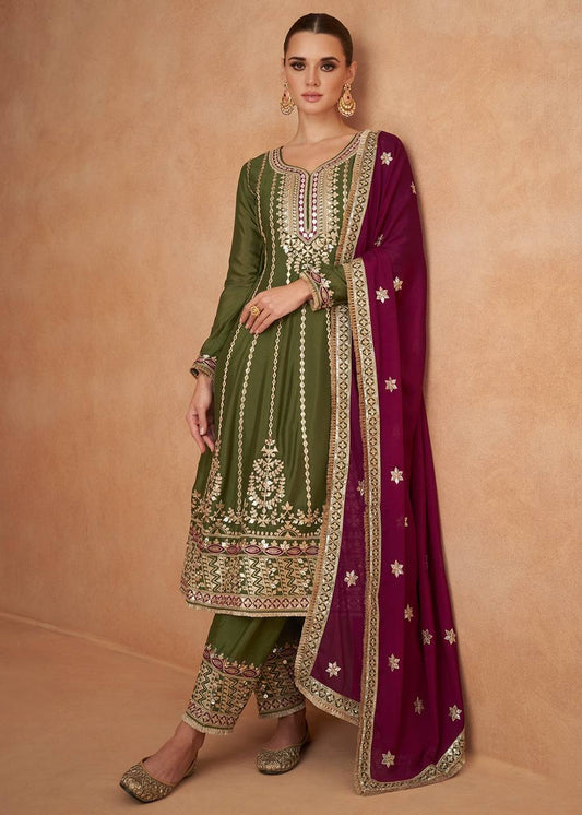 New Designer Green Salwar Suit Chinon Fabric For Women