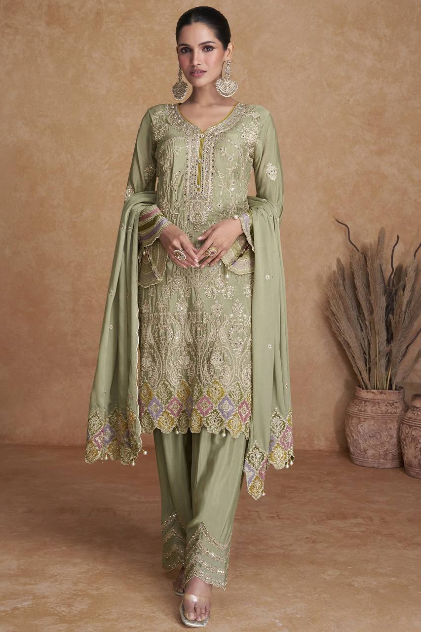 Latest Attractive Green Salwar Suit Chinon Fabric For Women