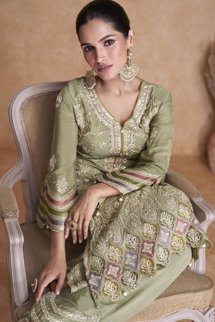 Latest Attractive Green Salwar Suit Chinon Fabric For Women