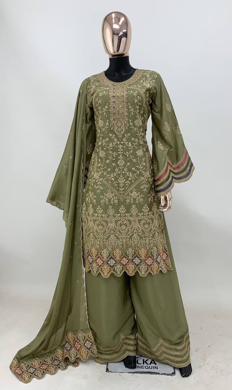 Latest Attractive Green Salwar Suit Chinon Fabric For Women