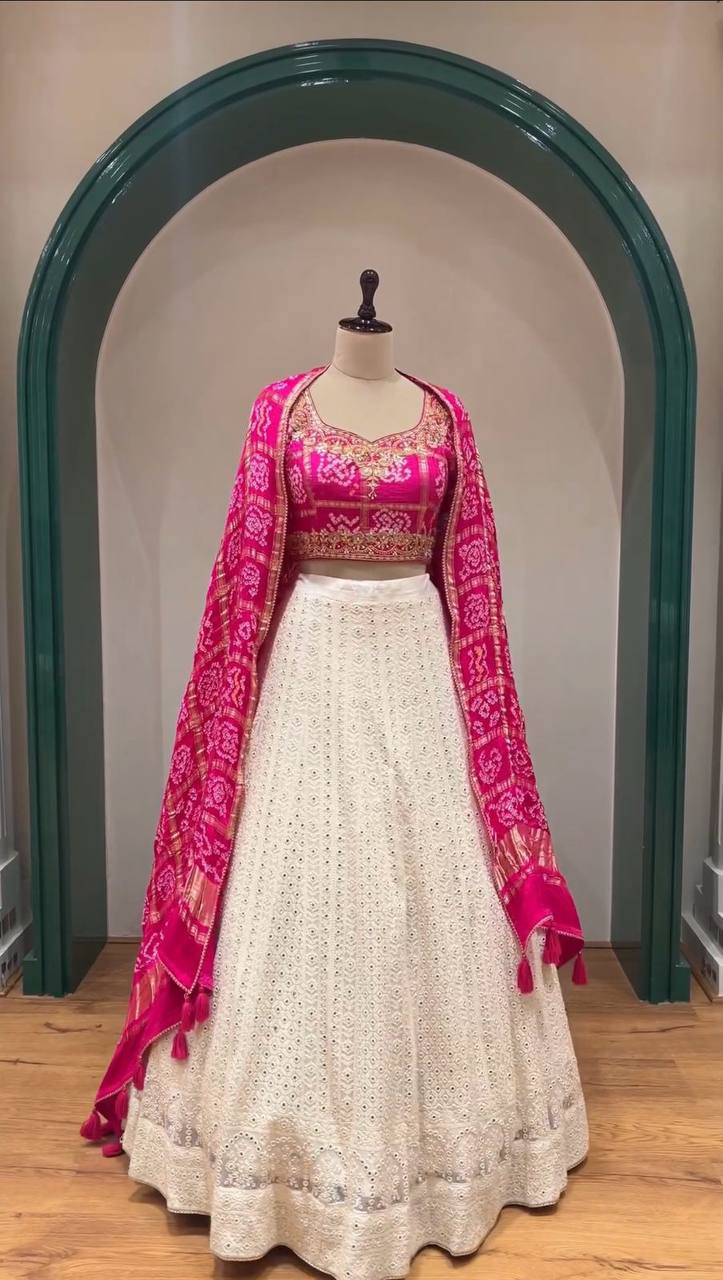 Designer White & Pink Georgette Sequence Work Lehenga Choli