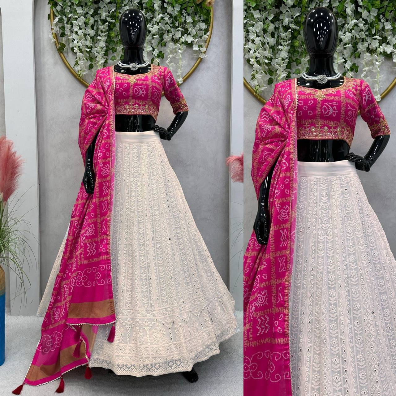 Designer White & Pink Georgette Sequence Work Lehenga Choli
