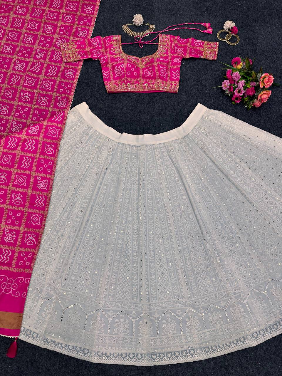 Designer White & Pink Georgette Sequence Work Lehenga Choli