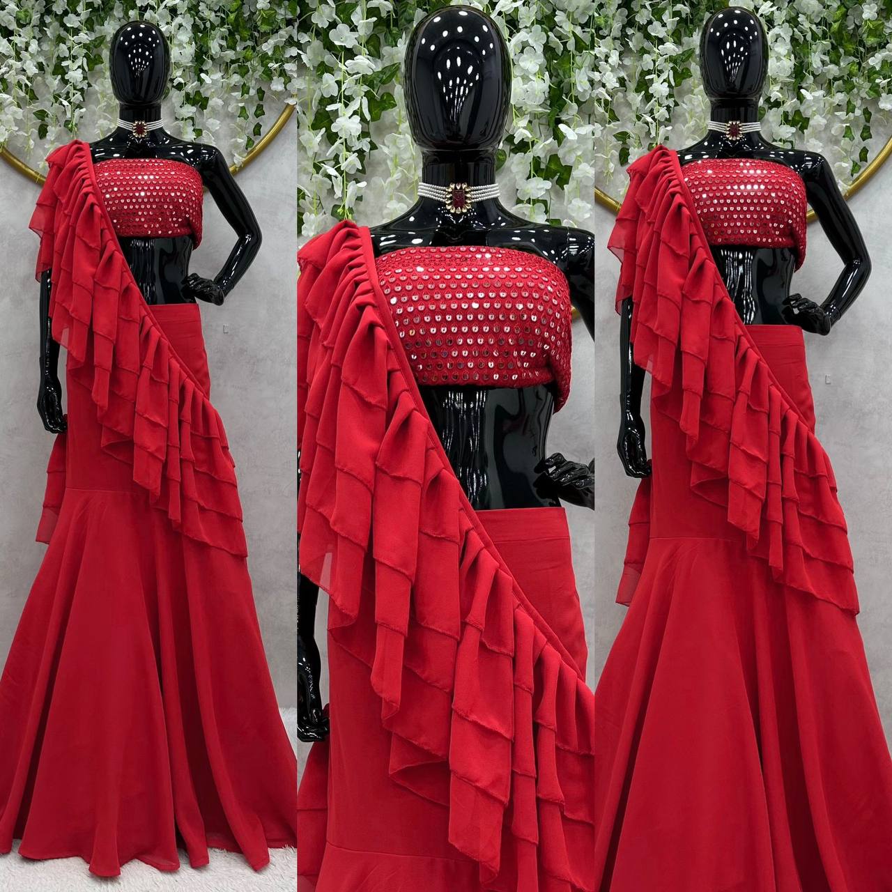 Latest Designer Ready To Wear Red Lehenga Saree