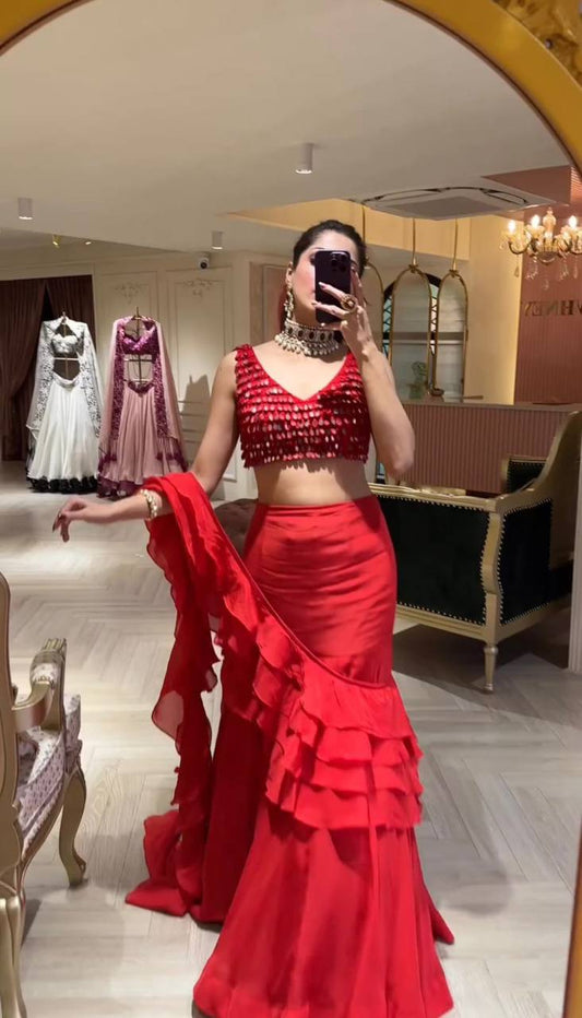Latest Designer Ready To Wear Red Lehenga Saree